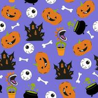 Halloween seamless pattern background design with funny pumpkin, flower and other scary or festive elements on purple background. Holiday spooky pattern for gift paper, cards, wallpaper, decoration vector