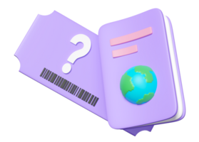 3d passport or international travel with ticket, question mark symbol isolated.  3d render illustration png