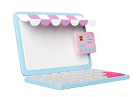 online shopping with laptop computer monitor, store front, credit card isolated. online shopping concept, 3d illustration render png