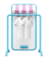 smartphone op te slaan voorkant met jas rek, shirt, hanger geïsoleerd. online boodschappen doen concept, 3d geven illustratie png