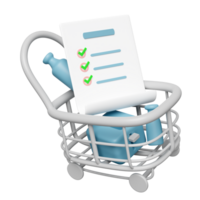 3d shopping carts or basket with  checklist, miscellaneous isolated. 3d illustration render png