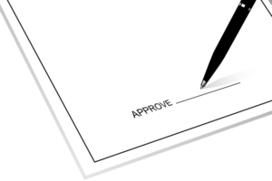 illustration of a blank paper with a pen and the word approved. copy space for add text. black and white line art for business transparent background. png