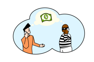 Online crime concept illustration, cellphone scammer online social media fraud. A swindler and a thief are working at the mobile. flat illustration isolated on transparent background png