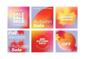 Autumn gradient aesthetic square posts set. Minimal vector background covers with blur and maple leaves.