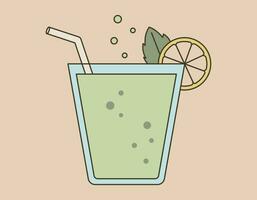 Glass with a cocktail in old cartoon retro style. Groovy mojito drink with lime and drinking straws. Vector isolated retro lemonade.