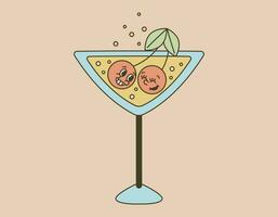 Retro glass with an alcoholic cocktail or soda and a couple of funny smiling cherries. Vector isolated groovy illustration, old cartoon style.