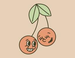 gracioso par de cerezas en un rama en antiguo dibujos animados estilo. vector aislado retro ranura ilustración de alegre personaje.