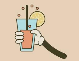 Groovy hand holding a glass with a cocktail or lemonade and a drinking straw. Vector isolated retro illustration, old cartoon style.