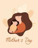 International holiday mothers day. Flat woman hugging baby daughter. Vector postcard, child and parent embracing.