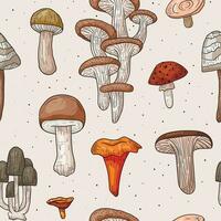 Seamless pattern with forest edible and poisonous mushrooms. Autumn stickers in outline style. vector