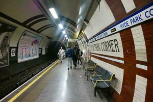 Gorgeous Low Angle View of British Train and Underground Metro Railway Platform at Hyde Park Central London City of England Great Britain,  Footage Was Captured on Aug 02nd, 2023 photo