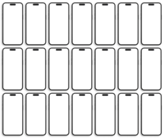 impostato di smartphone 14 professionista modello schermo su il trasparente sfondo con ombra effetto per ui UX App presentazione modello png