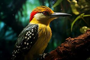 color cálido pájaro carpintero encaramado en un rama en un húmedo selva. ai generado foto