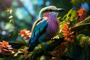 vistoso lila pecho rodillo es encaramado en un rama en un tropical selva. ai generado foto