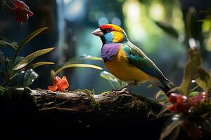 colorful Gouldian Finch is perched on a branch in a tropical rainforest. AI Generated. photo