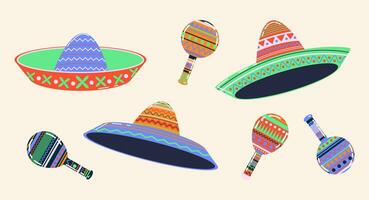 Mexican maracas. Musical instrument maracas. wide-brimmed hats, maracas cartoon style. Mexican holiday attribute, traditional latin musical instrument. vector