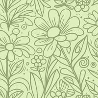 Abstract monochromatic soft green hand-drawn flowers texture pattern doodle vector illustration