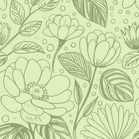 Abstract monochromatic soft green hand-drawn flowers texture pattern doodle vector illustration