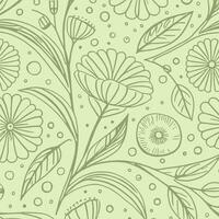 Abstract monochromatic soft green hand-drawn flowers texture pattern doodle vector illustration