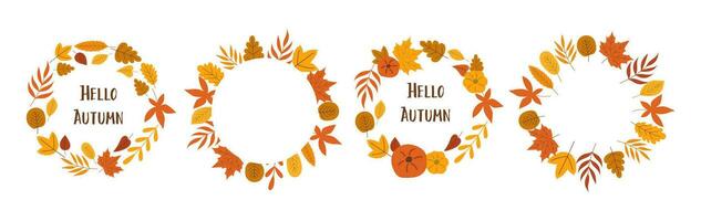 Hello autumn wreath with beautiful  leaves. Hand draw vector illustration.