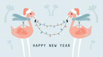 Happy New Year  Flamingo   banner. Vector Hand drawn illustration