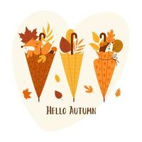 Hello autumn card with beautiful  leaves and fox. Hand draw vector illustration.