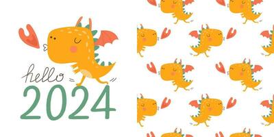 Hello 2024 card with cute dragon. Happy New Year. Vector illustrations