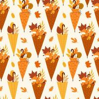 Seamless pattern with  beautiful  leaves, fox. Hand draw vector illustration.