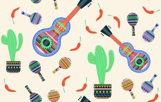 Seamless pattern Mexican maracas. Musical instrument maracas. Sombrero, cartoon style maracas, skull, guitar, cactus. Mexican holiday attribute, traditional latin musical instrument. vector