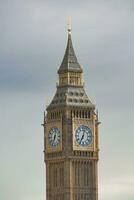 hermosa bajo ángulo ver de histórico grande ben reloj torre desde río Támesis y Londres ojo, Westminster central Londres, Inglaterra genial Bretaña, Reino Unido. imagen capturado durante nublado día de agosto 2do, 2023 foto