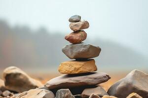 apilar de equilibrado rocas alrededor pila de rocas ai generado. foto