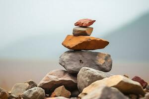 Stack of balanced rocks around pile of rocks. AI Generated. photo