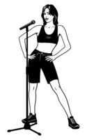 Pop Singer Girl 90s. Black and white ink style clipart. Microphone with stand is the separate object. vector