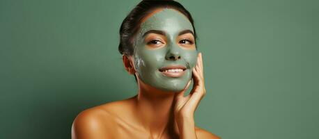 medio Envejecido mujer con un verde facial máscara señalando a blanco espacio en aislado antecedentes el polvo color fondo mejora belleza y protección de la piel estético foto