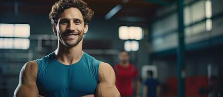 Portrait of content white male basketball player in blue athletic attire at gym Recreation exercise and way of life unchanged empty area photo