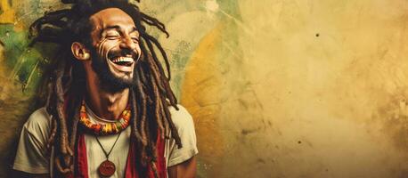 Smiling man resembling a hippie rastaman on grunge background photo