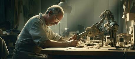 Senior man building leg prosthetics carefully measuring parts in workshop photo