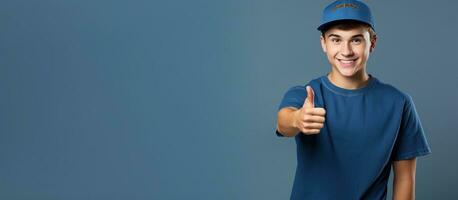 Teenage boy smiling wearing t shirt jeans protective helmet pointing index fingers up Copy space available photo