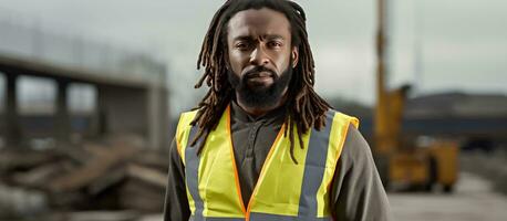Serious African male engineer with beard and dreadlocks wearing safety gear standing for portrait outdoors copy space available photo