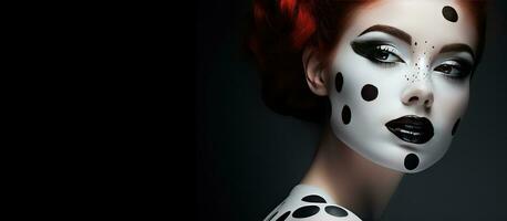 Abstract portrait of a sensual young woman with striking black and white dot body art creative face painting photo