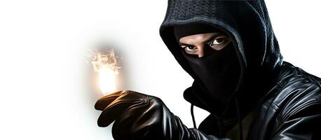 A person in a black balaclava using a torch to spy on someone with white background and copy space photo