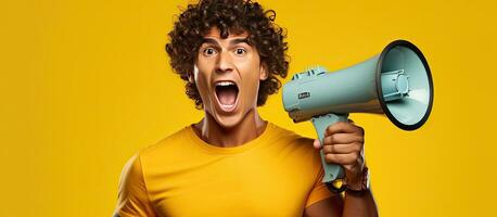 A young man of Latin descent wearing a printed shirt uses a megaphone Copy space available photo