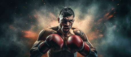 Muay Thai boxer fighting with gloves smoke and sparks in isolated background with copy space photo