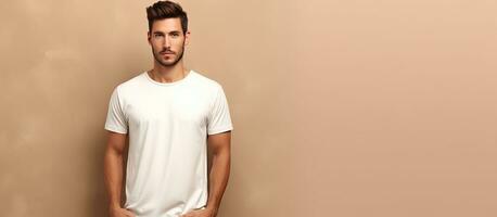 Male model wearing white t shirt and jeans posing in studio on beige background modern fashion empty area photo