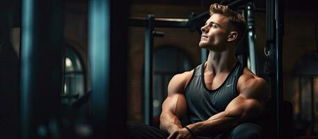 Fit young man resting in gym with empty space on the left photo