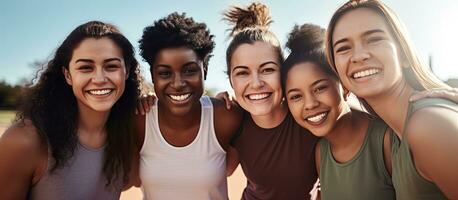 hembra amigos diverso y alegre vestir Deportes atuendo unir a un baloncesto Corte espacio a añadir texto deporte actividad amistad y estilo de vida permanecer no cambiar foto