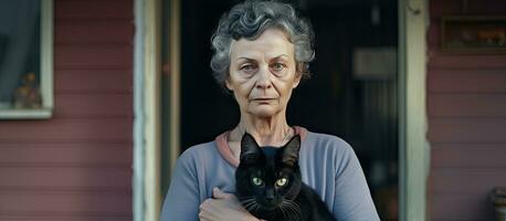 Elderly woman with cat alone at home showing signs of dementia and depression photo