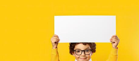 School aged male with dark hair and spectacles raises cork surface over head against yellow backdrop Empty board in hand providing room for text Conceptua photo
