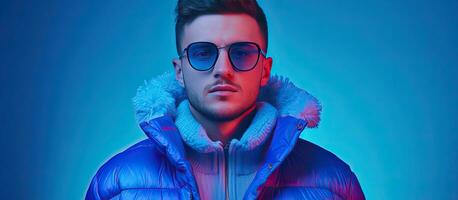 Teenage boy in trendy winter attire and glasses sports a confident smile against a vibrant blue backdrop showcasing a modern fashion style photo