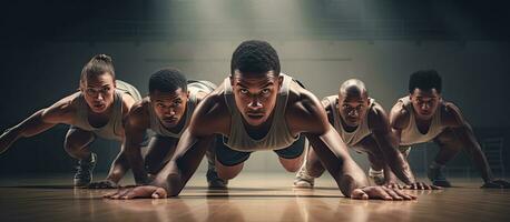 baloncesto jugadores diverso machos ayudando a el gimnasio Copiar espacio sin alterar deporte actividad trabajo en equipo y estilo de vida foto